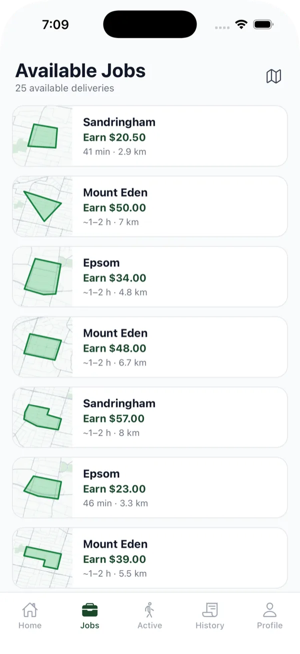 Circulate app screen showing available delivery jobs in the distributor's area