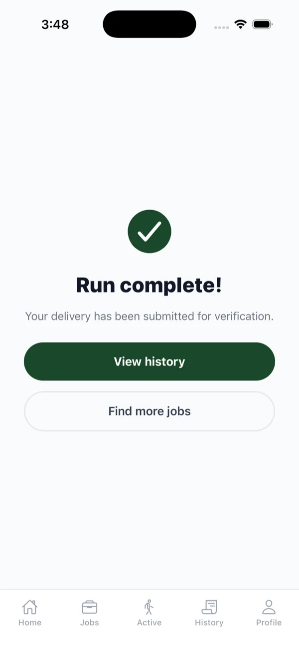 Circulate app screen showing a completed delivery job submitted for verification