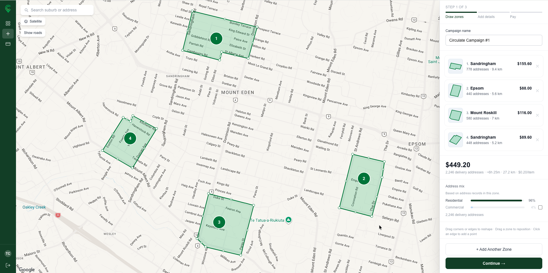 Circulate campaign builder with selected delivery zones on a street map