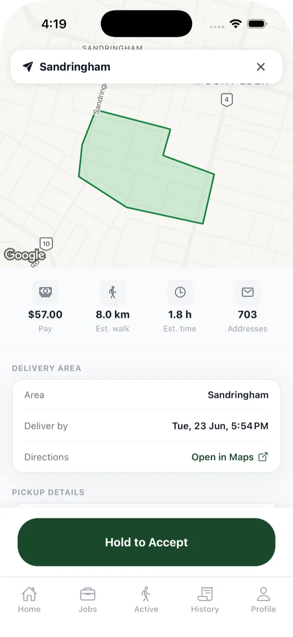 Circulate app screen showing a Sandringham walking flyer job with mapped area, payout, estimated walk, time, address count, and Hold to Accept button