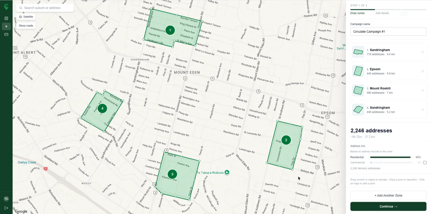 Circulate campaign builder with selected delivery zones on a street map